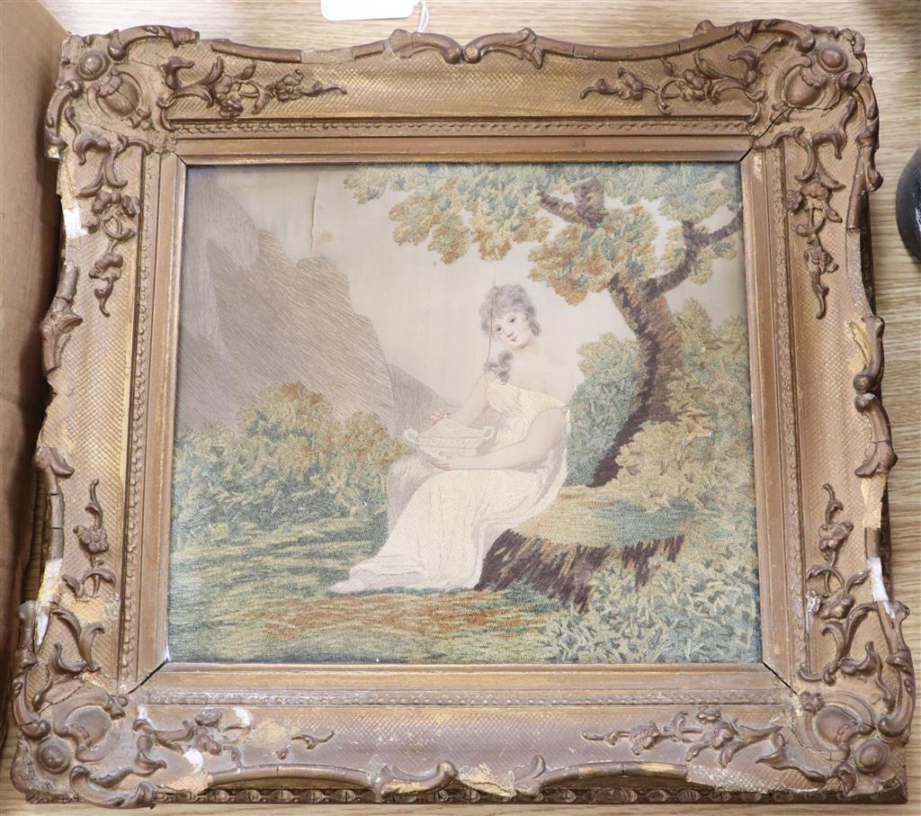 A Regency silkwork panel of a lady in a garden, width 25cm height 23cm